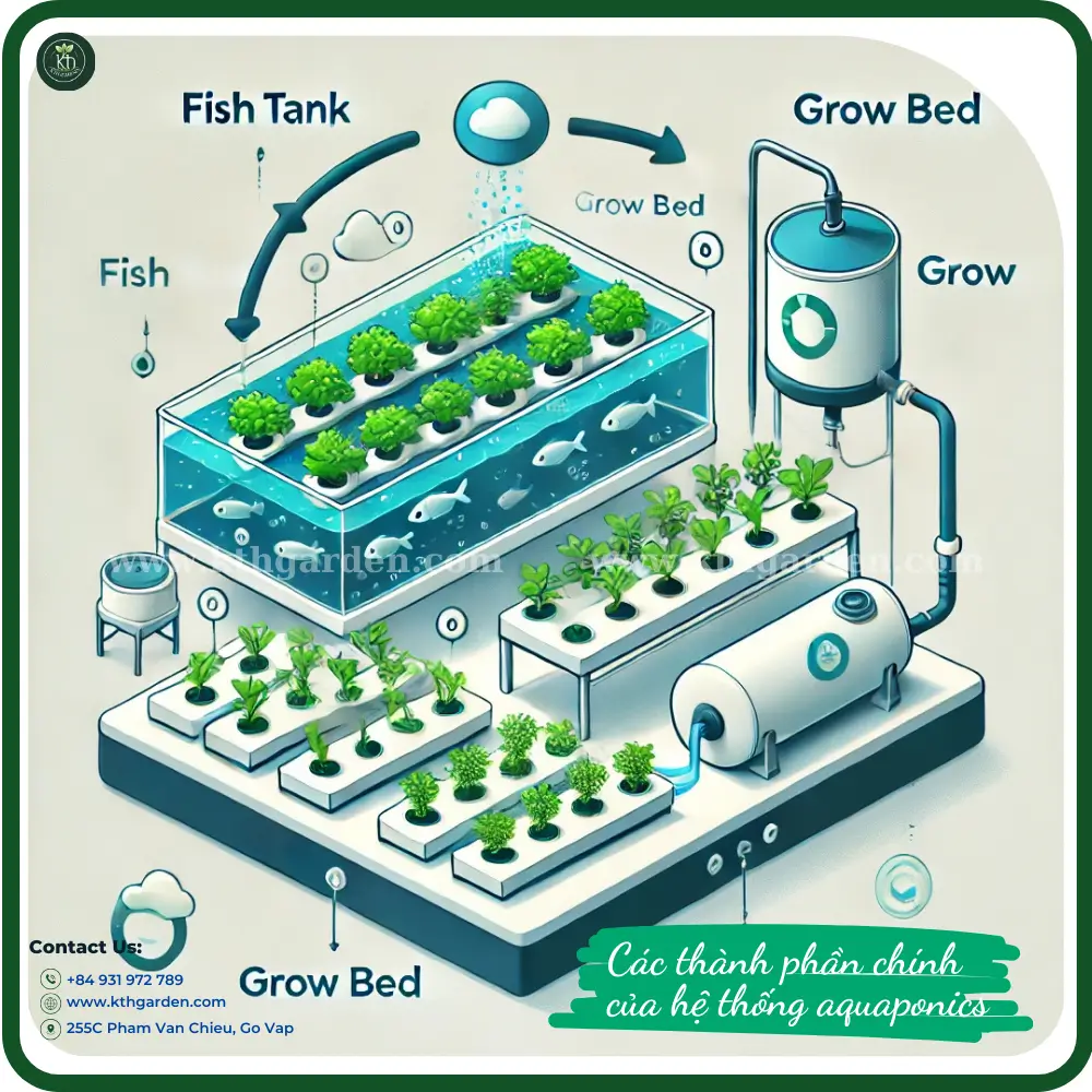 Các thành phần chính của hệ thống aquaponics bao gồm bể cá, bồn trồng cây, máy bơm nước và hệ thống tuần hoàn.