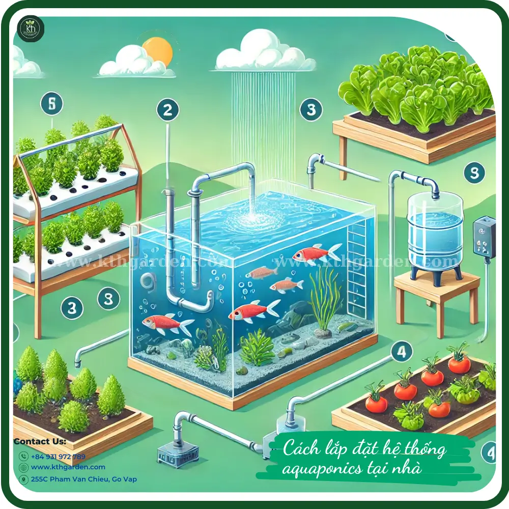 Hình minh họa cách lắp đặt hệ thống aquaponics tại nhà với các thành phần chính như bể cá, khay trồng rau, máy bơm và giá thể.