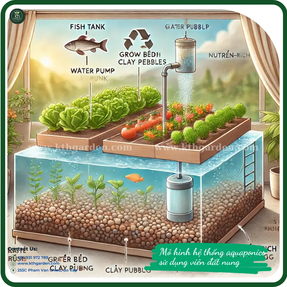 Hình minh họa mô hình hệ thống aquaponics, sử dụng viên đất nung làm giá thể trồng cây. Bao gồm bể cá, máy bơm, giàn trồng cây với rau như xà lách, cà chua và húng quế, được mô tả trong môi trường nhà kính.